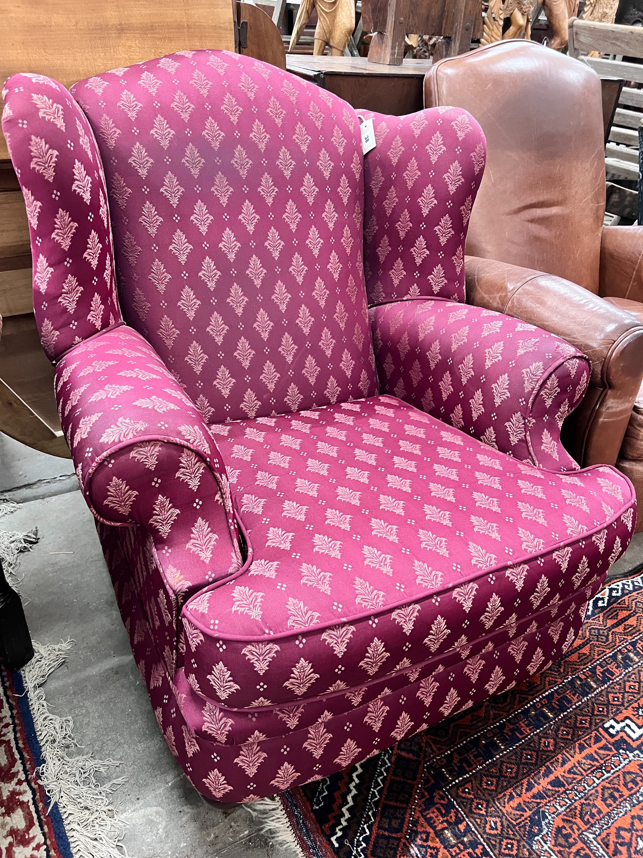 A Victorian style upholstered armchair, width 90cm, height 100cm *Please note the sale commences at 9am.